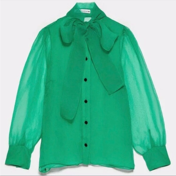 Zara green sheet organza blouse pussy bow dramatic chic S - Picture 7 of 12